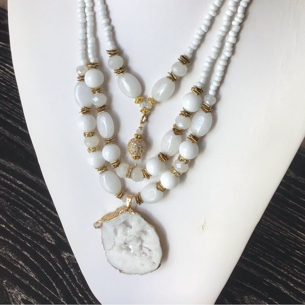 White Gold Bronze Druzy Pendant Necklace, Multi Layers White Stone Crystals Neck - Picture 10 of 10
